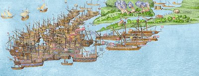 The French fleet becalmed and the attack on the Isle of Wight, 1545 (detail) by James Basire